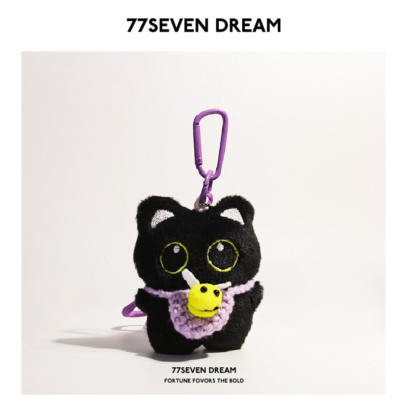 Squeaky Little Black Cat Super Cute Cartoon Plush Backpack Pendant Dopamine Bib Hanging Decoration Keychain Trendy Couple