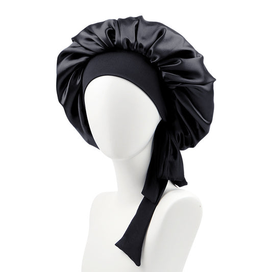 Solid Hue Women's Long Hair Satin Sleep Makeup Cap Elastic Ribbon Knotted Design