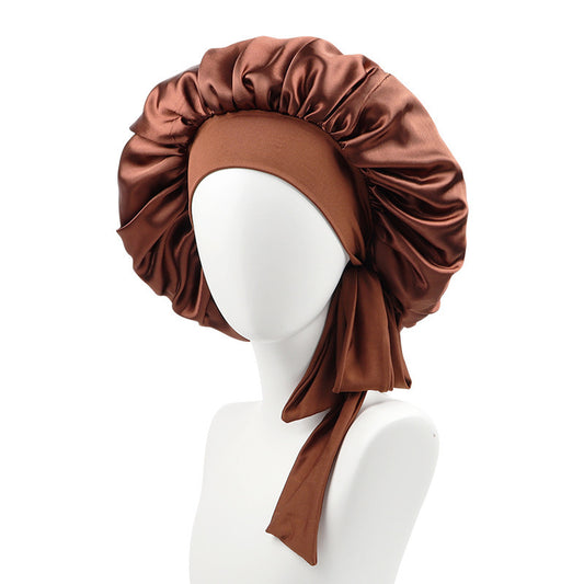 Solid Hue Women's Long Hair Satin Sleep Makeup Cap Elastic Ribbon Knotted Design