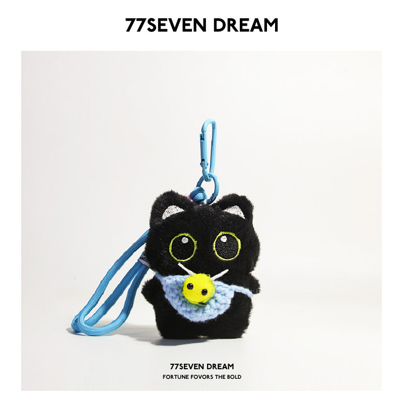 Squeaky Little Black Cat Super Cute Cartoon Plush Backpack Pendant Dopamine Bib Hanging Decoration Keychain Trendy Couple