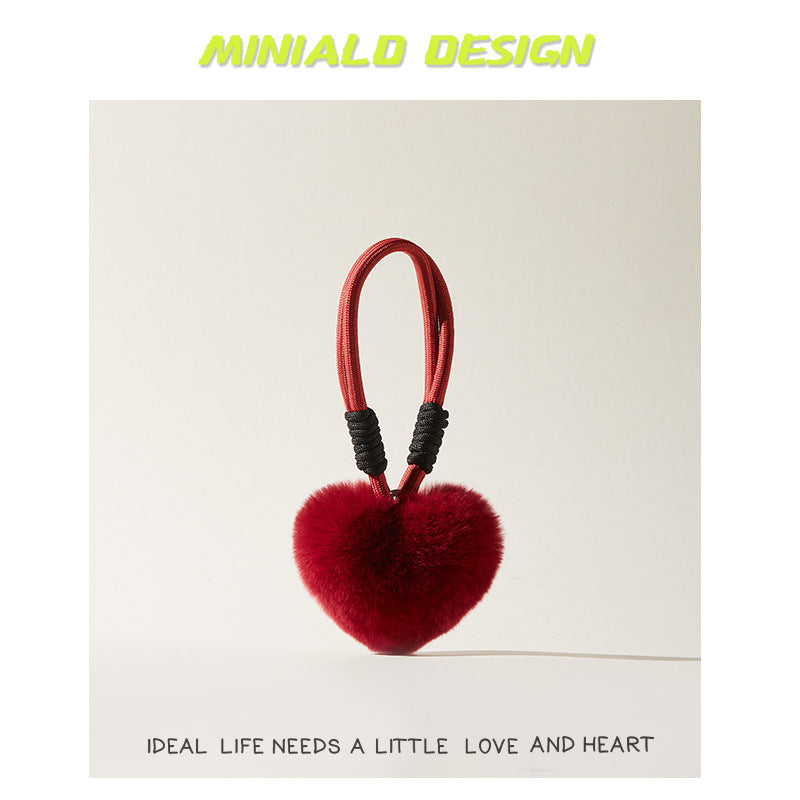 Cute Real Rex Rabbit Fur Ancora Red Hand Strap Heart-shaped Furry Peach Heart Bag Pendant Bag Decoration Wholesale Toy